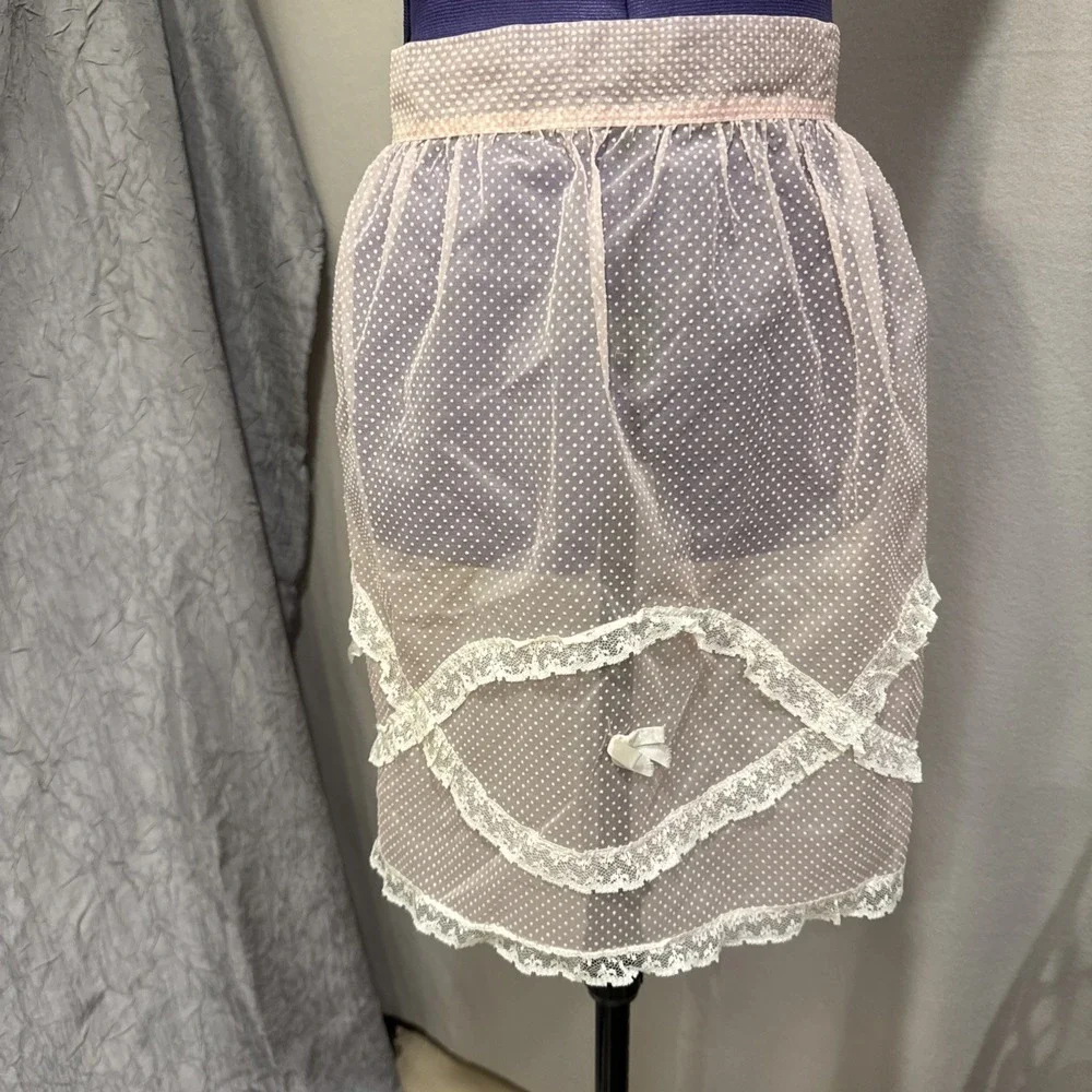 Vintage 1950's Demure Light Pink Half Apron Organza and Lace Sheer Lace Pocket